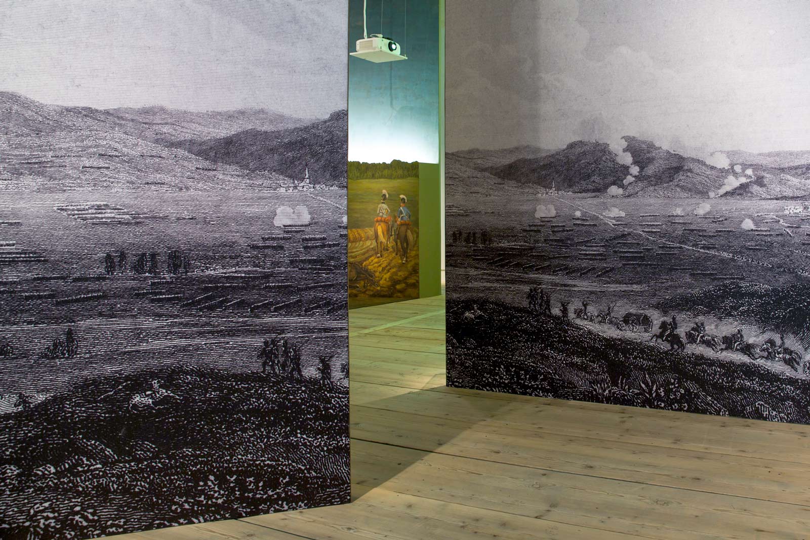 Das Referenzbild für Ausstellungsgestaltung aus der Medieninszenierung „Die Schlacht von Eggmühl“ zeigt eine Großgrafik
