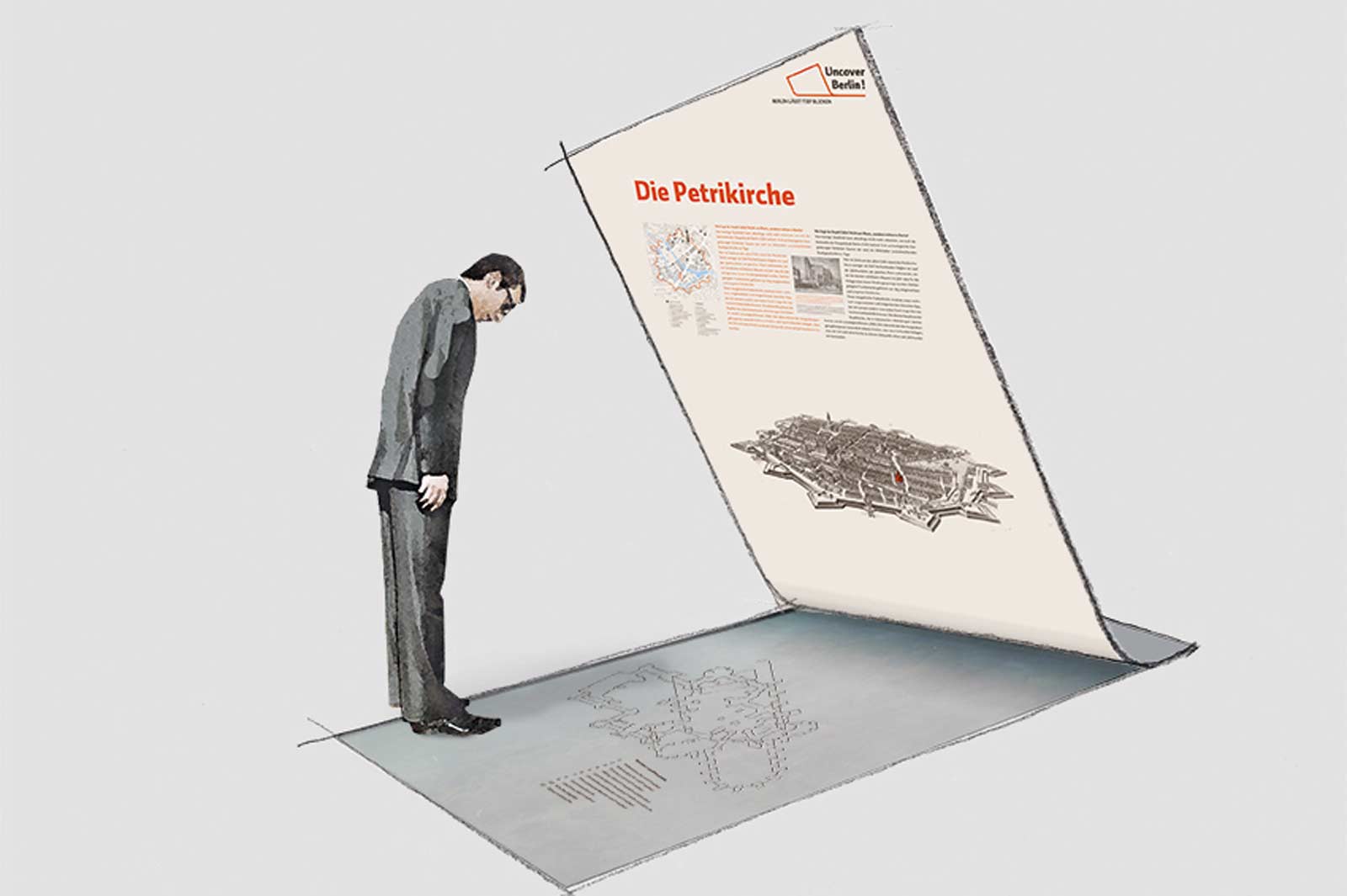Das Referenzbild für Ausstellungsgestaltung aus der Ausstellung im Stadtraum „Uncover Berlin“ zeigt die Visualisierung einer Infografik.