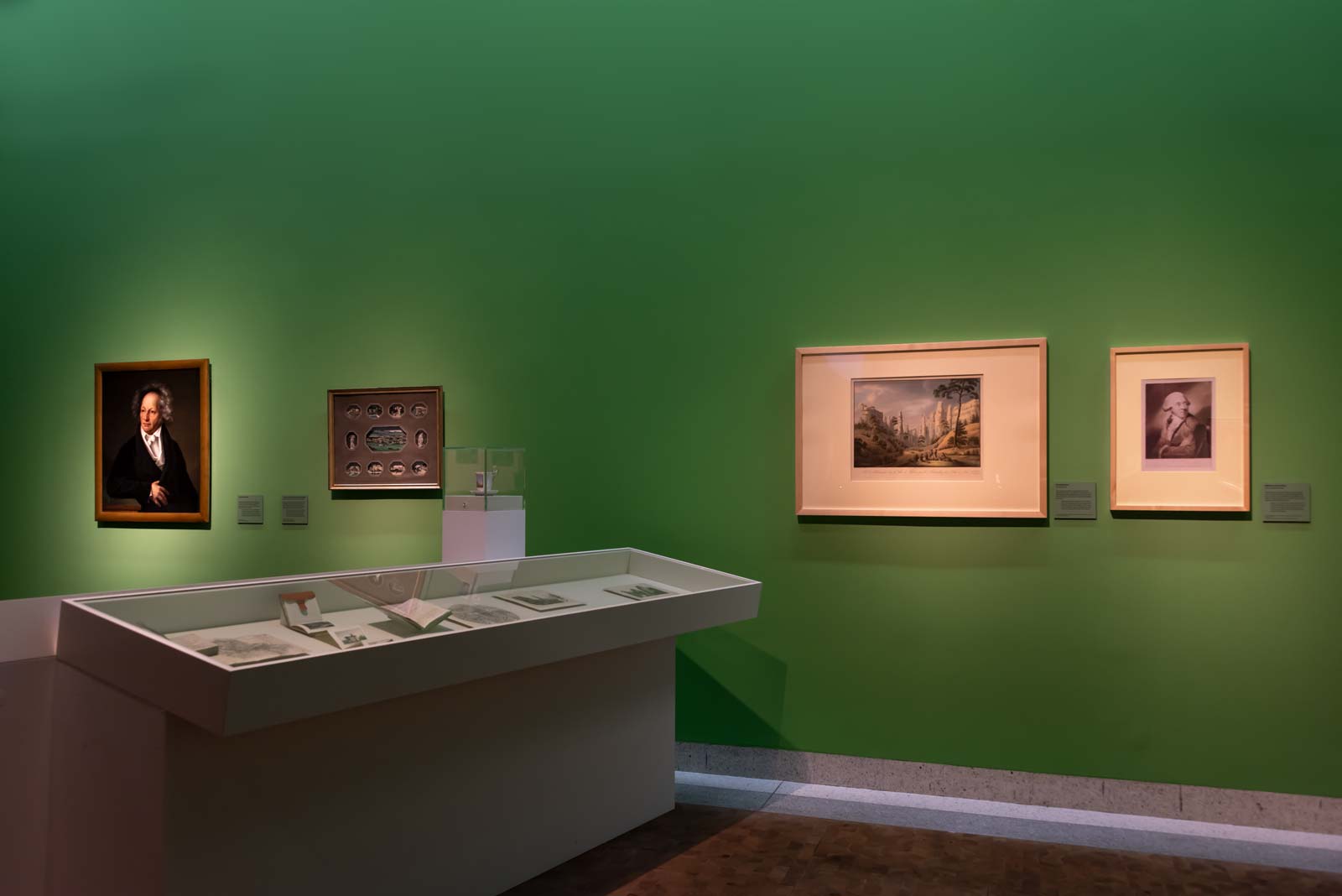 Das Referenzbild für Ausstellungsgestaltung aus der Sonderausstellung Wanderland zeigt eine Exponat-Präsentation in Tischvitrinen.